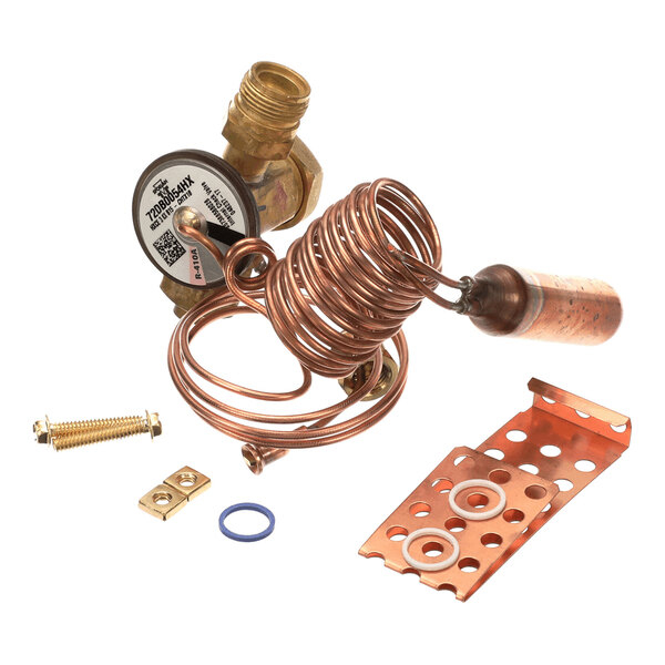 A coiled copper tube assembly with a brass valve, a cylindrical component, a perforated copper mounting bracket, a screw, a small metal plate, and a blue O-ring, all arranged on a white background.