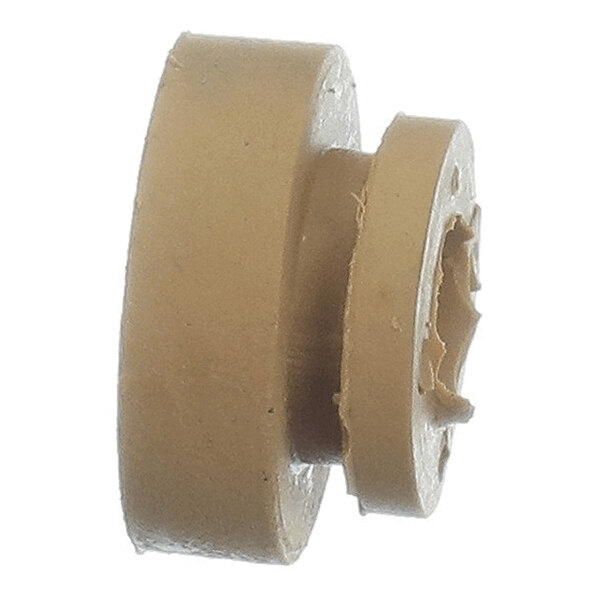 A beige, cylindrical plastic component with two different diameter sections and a central hole featuring internal ridges.