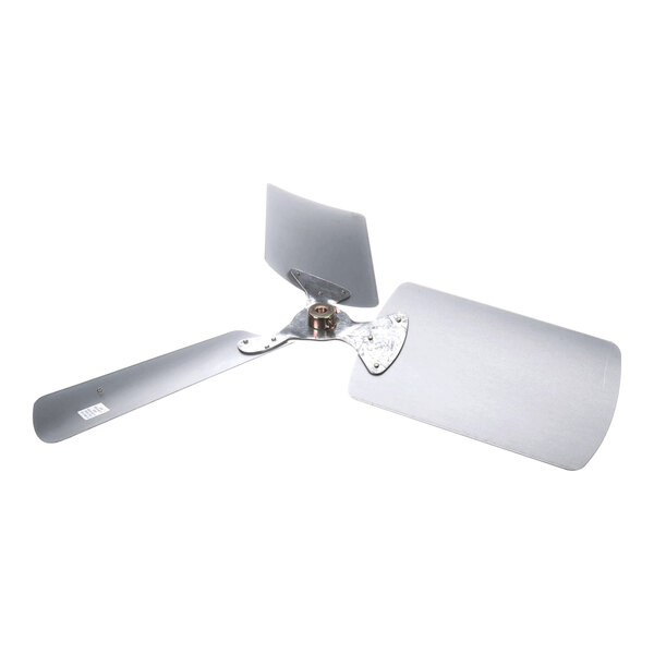 A three-blade metal fan blade assembly with each blade having a different shape and size, attached to a central hub.