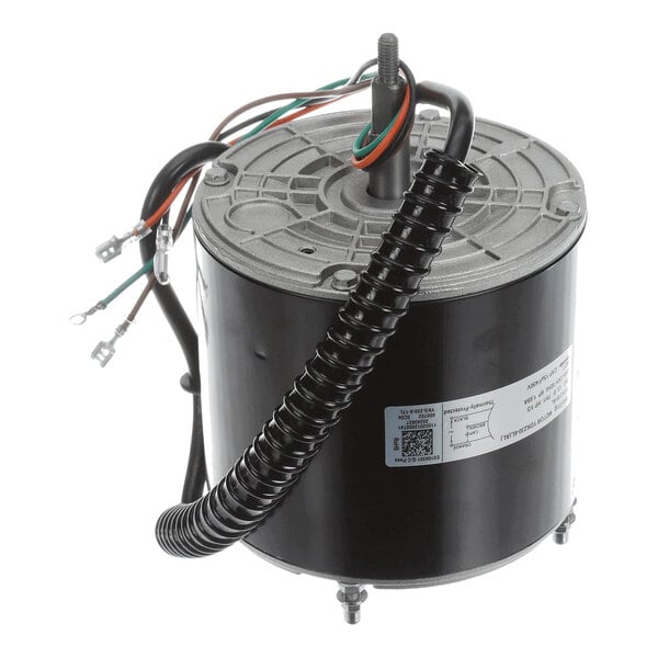 A cylindrical electric motor with a metal housing, protruding shaft, attached wires, and a coiled protective sleeve.