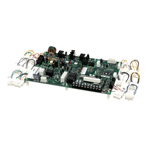 A green electronic control board with various components, connectors, and attached multicolored wires.