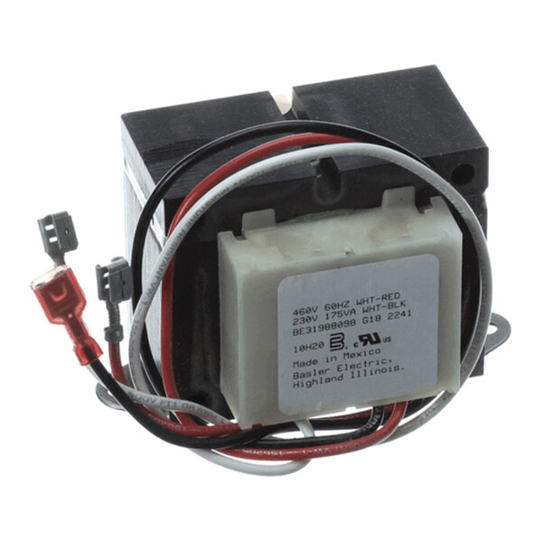 A rectangular electrical transformer with attached wires and a label displaying technical specifications.