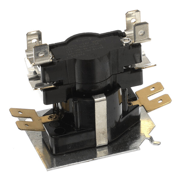 A black and metallic electrical relay or sequencer with multiple terminal connectors mounted on a metal base plate.