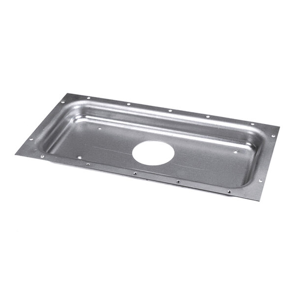 A rectangular metallic tray with a central circular hole and multiple small holes along the perimeter.