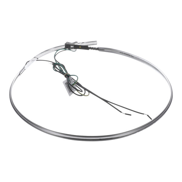 A circular metallic heating element with attached wires and a control component.