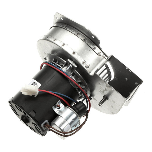 A metal and plastic combustion air blower assembly with attached wiring and a visible fan wheel.