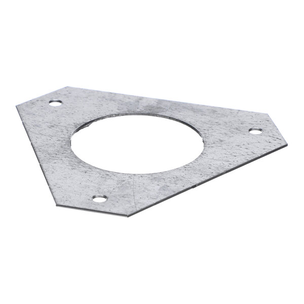A flat, triangular metal plate with a large central circular hole and three smaller holes near each corner.