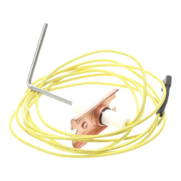 A yellow wire attached to a metal and ceramic electrode sensor with a copper mounting bracket.