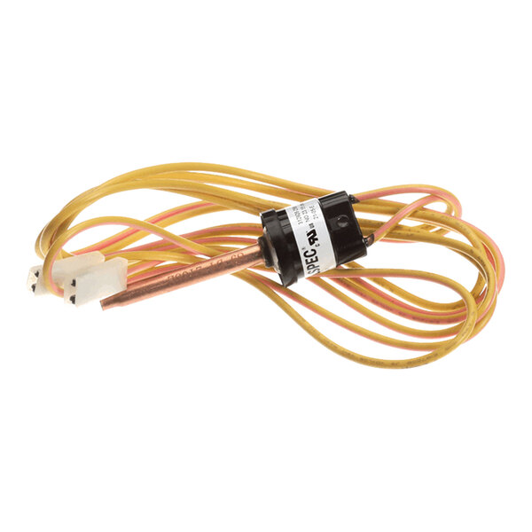 A coiled yellow and pink wire with a cylindrical black component and a copper probe, ending in a white plastic connector.