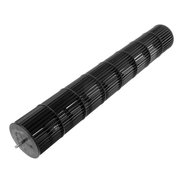A cylindrical, black, slotted fan blower wheel with metal end plates and a central shaft.