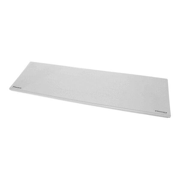 A rectangular, flat, white panel with slightly rounded edges and small logos in two corners.
