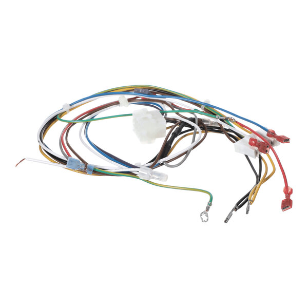 A bundle of multicolored electrical wires with various connectors attached.