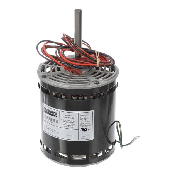 A cylindrical electric motor with a central shaft, ventilation openings, attached wires, and a label on the side.