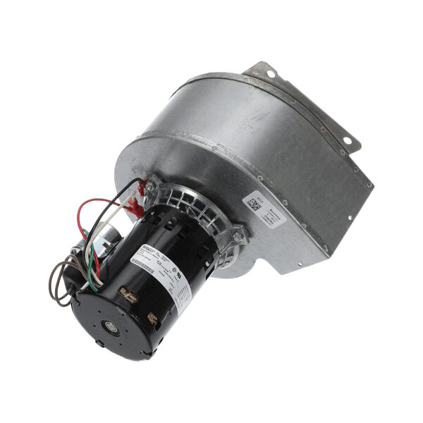 A metal blower assembly with an attached black electric motor and visible wiring.