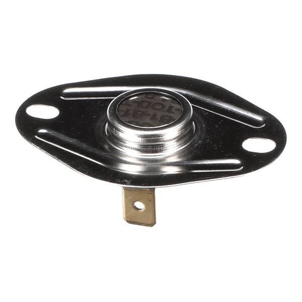 A metallic component with a round central part, two mounting holes, and a single flat electrical terminal extending downward.