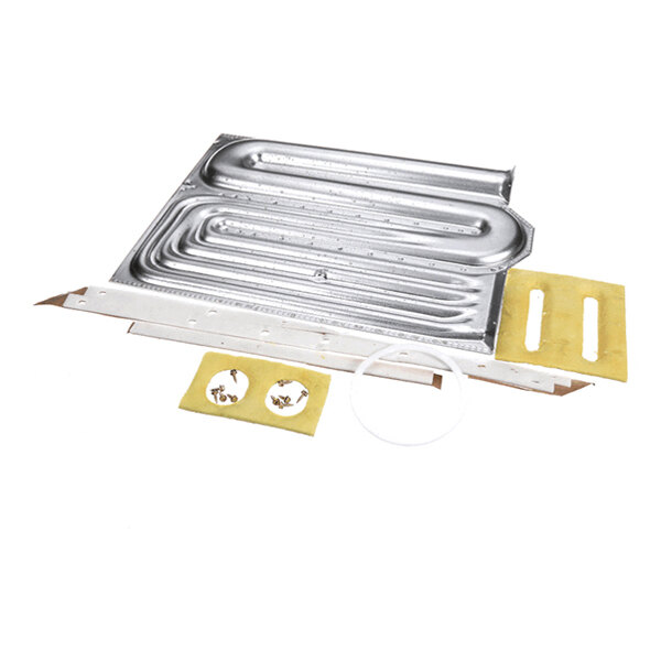 A metallic heat exchanger component with a coiled tube design, accompanied by mounting hardware and insulation pieces.