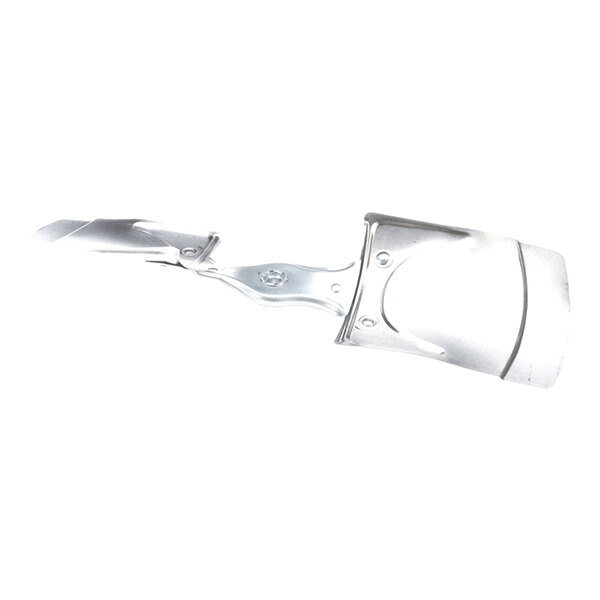 A metallic fan blade with a curved design and mounting holes visible on the central hub.