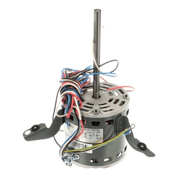 A cylindrical electric motor with a central shaft, multiple colored wires, and two mounting brackets.