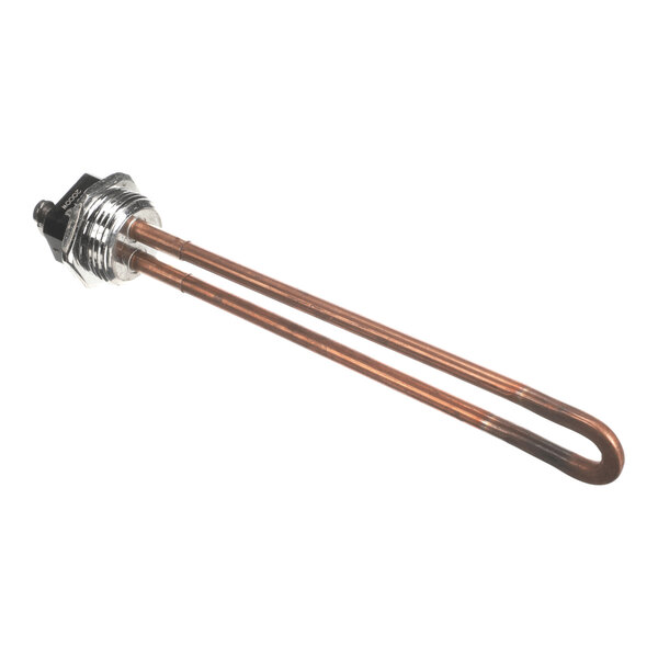 A metal heating element with a threaded base and a long, U-shaped copper tube.