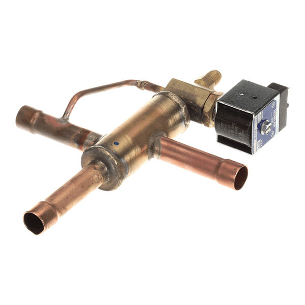 A brass and copper 3-way valve with attached coil and multiple pipe connections.