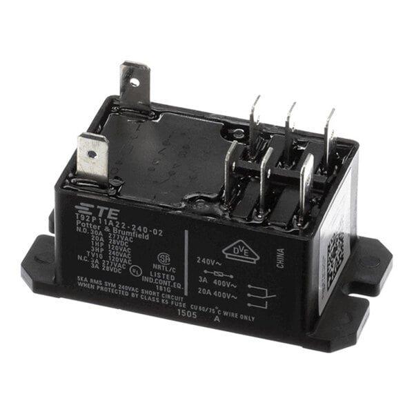 A black rectangular electrical relay with multiple metal prongs and white printed specifications on its side.