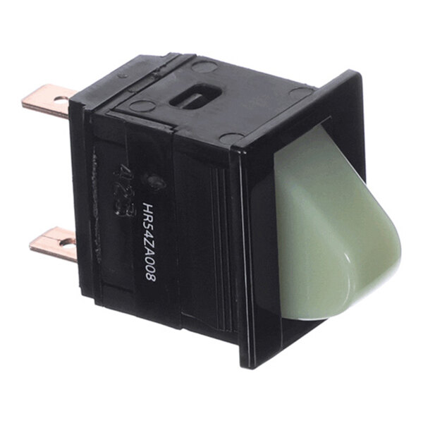 A black rectangular electrical switch with a light-colored angled actuator and two metal prongs for connections.