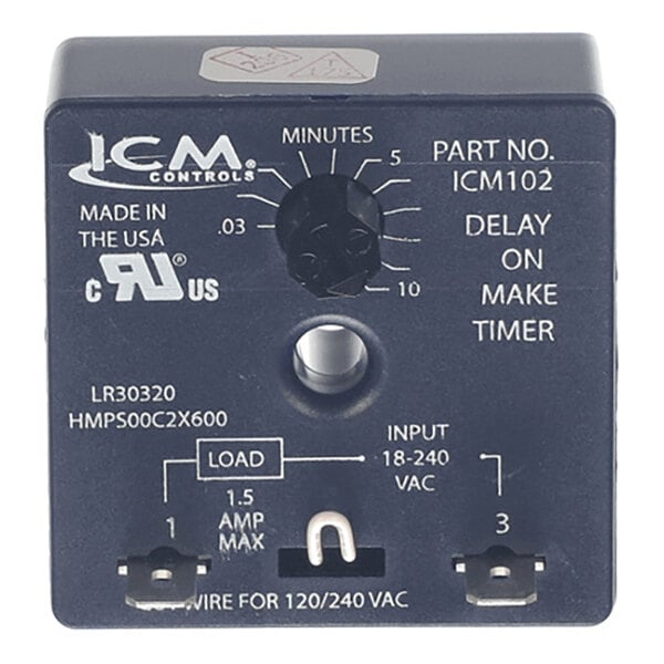 A black electronic timer module with a rotary dial for setting minutes, labeled "ICM Controls" and "Delay On Make Timer," featuring three electrical terminals and various technical markings.