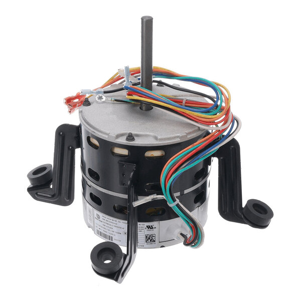 A cylindrical electric motor with a central shaft, multiple colored wires, and three black mounting brackets.