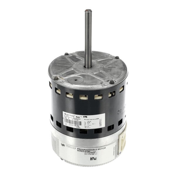 A cylindrical electric motor with a central shaft, black and silver housing, and visible labels and vents.