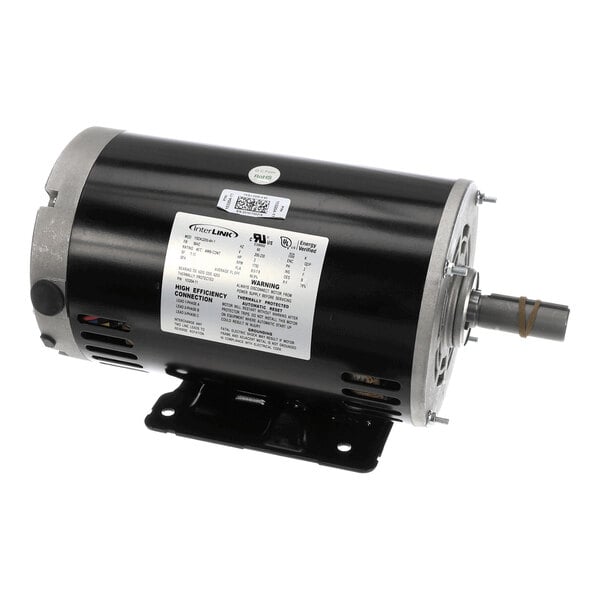 A cylindrical black and silver electric motor with a mounting base and a visible shaft, featuring a label with technical specifications.