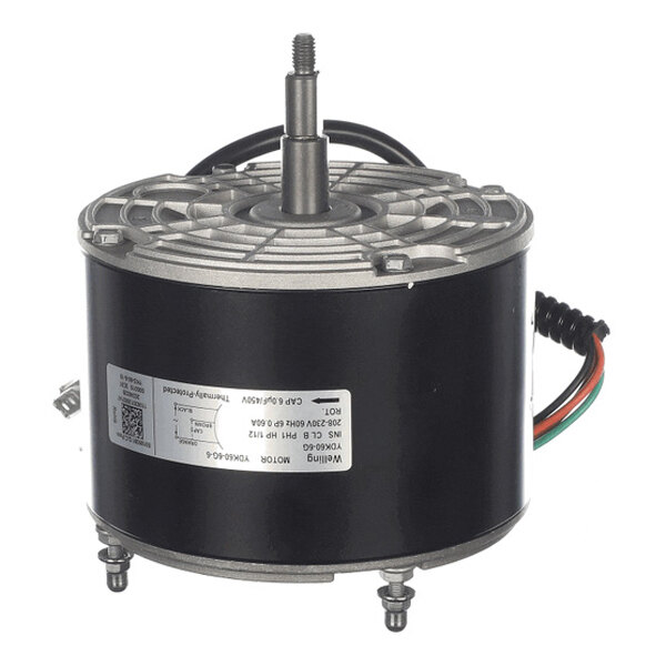 A cylindrical electric motor with a metal top, central shaft, mounting bolts, and attached wires.
