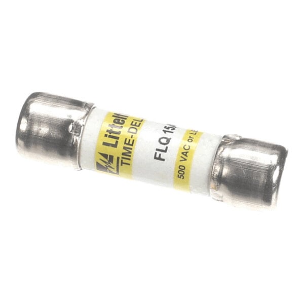 A cylindrical electrical fuse with metal end caps and a white body labeled with specifications and a yellow band.