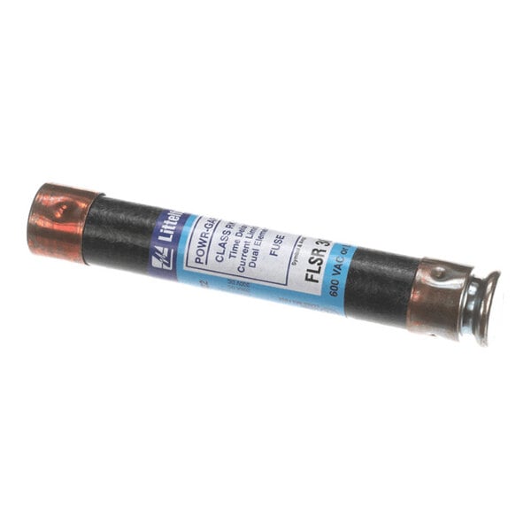 A cylindrical fuse with metal end caps and a labeled body, showing electrical specifications.