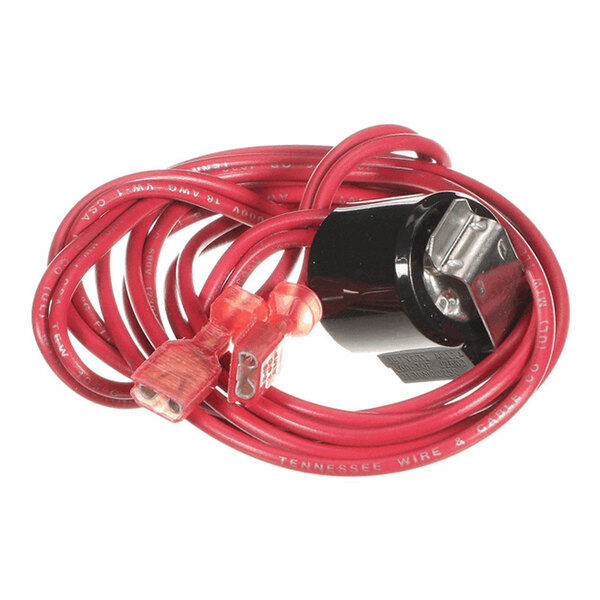 A coiled red wire with a metal sensor and plastic connectors attached.