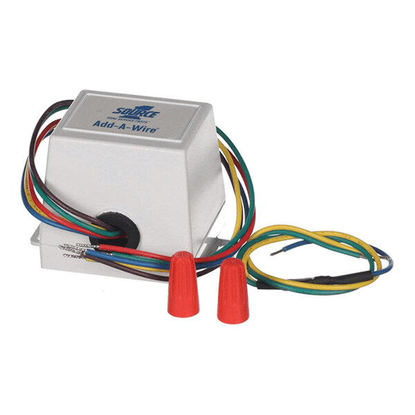 A small metallic box labeled 'Add-A-Wire' with multiple colored wires extending from it and two red wire connectors.