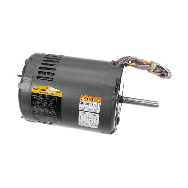 A cylindrical electric motor with a protruding shaft, ventilation slots, attached wiring, and informational labels on its side.