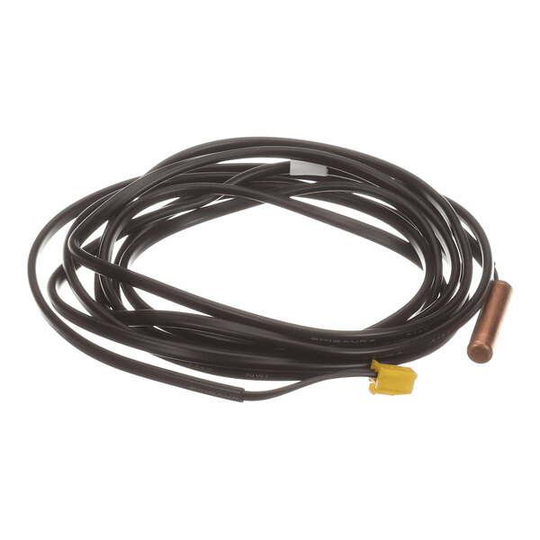A coiled black cable with a yellow connector on one end and a cylindrical copper sensor on the other end.