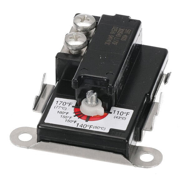 A black and silver thermostat device with a temperature adjustment dial and labeled temperature settings ranging from 110°F to 170°F.