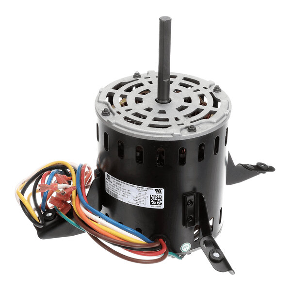 A cylindrical electric motor with a central shaft, multiple colored wires, and mounting brackets visible.
