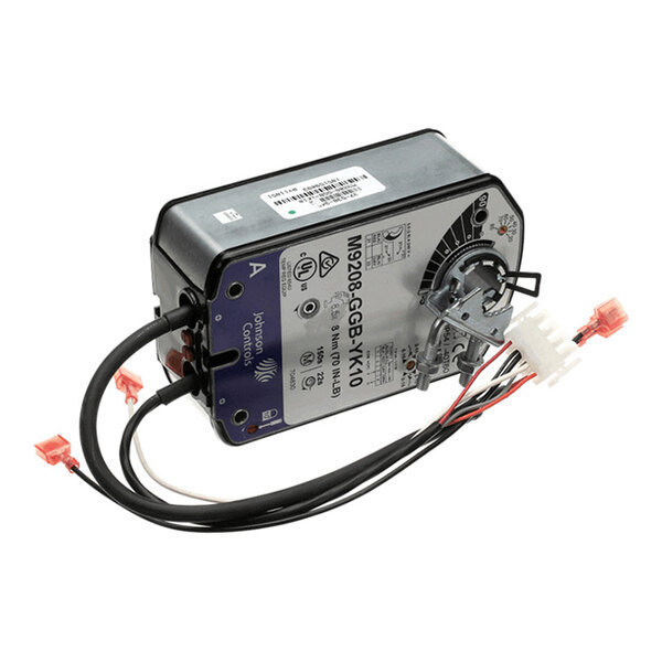 A rectangular electronic actuator with attached wiring and connectors, featuring a labeled control dial and various certification markings.