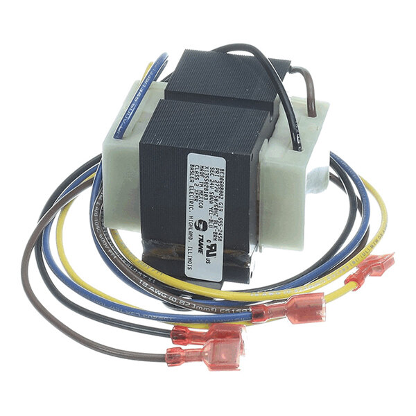 A rectangular electrical transformer with black and white components, attached colored wires, and a label with technical specifications.