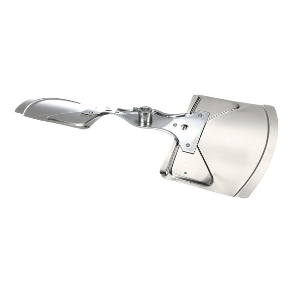 A metallic two-blade fan component with a central mounting hub and angled blades.