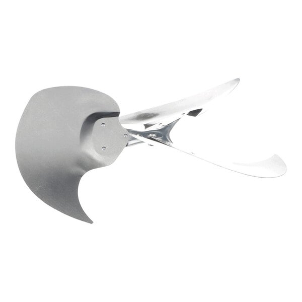 A metallic, three-bladed fan blade with a curved design and a central mounting hub.