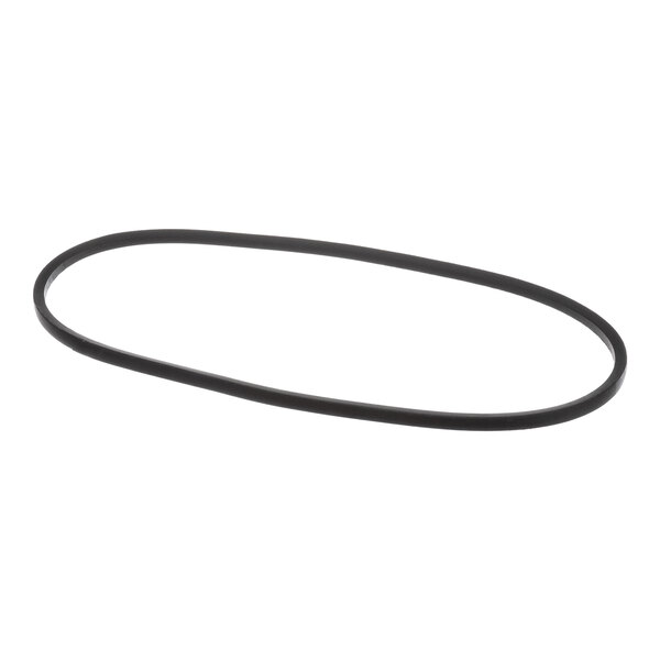 A black, oval-shaped rubber belt is shown against a white background.
