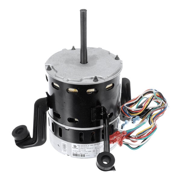 A cylindrical electric motor with a central shaft, attached mounting brackets, and a bundle of multicolored wires.