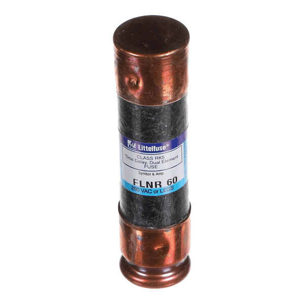 A cylindrical fuse with copper-colored metal ends and a black body, featuring a label with technical specifications.