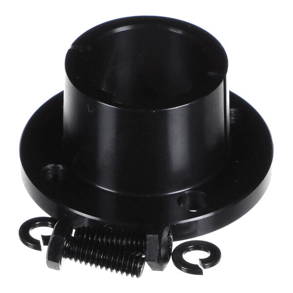 A black cylindrical bushing with a flange, accompanied by a bolt, nut, and washers.