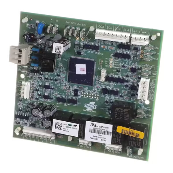 A green printed circuit board with various electronic components, connectors, and labels visible on its surface.