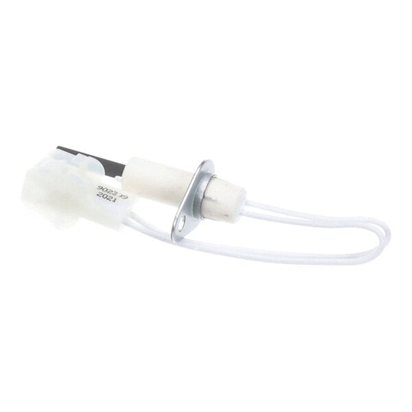 A small electronic component with a white ceramic base, a metal mounting flange, and two white wires forming a loop.