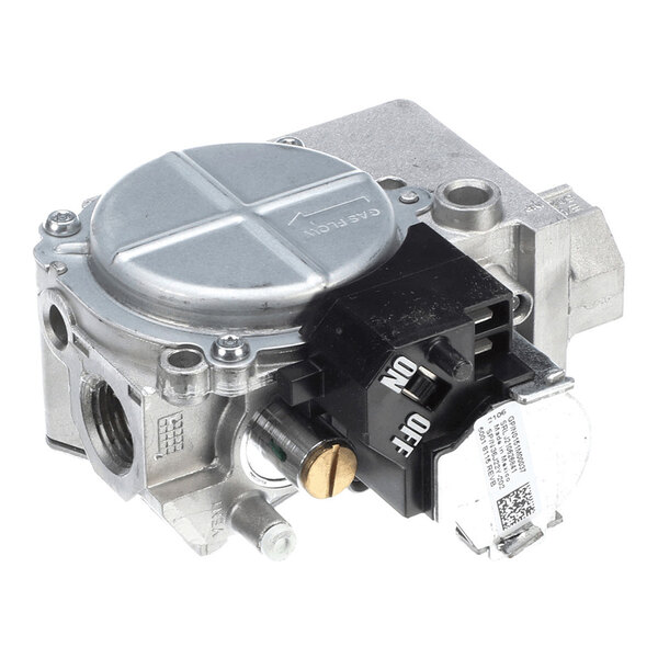 A metallic mechanical component with a round cover, threaded ports, and a black switch labeled 'ON' and 'OFF.'